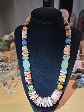 Multi-Color Shell & Stone Statement Necklace - Orange, Brown, Blue